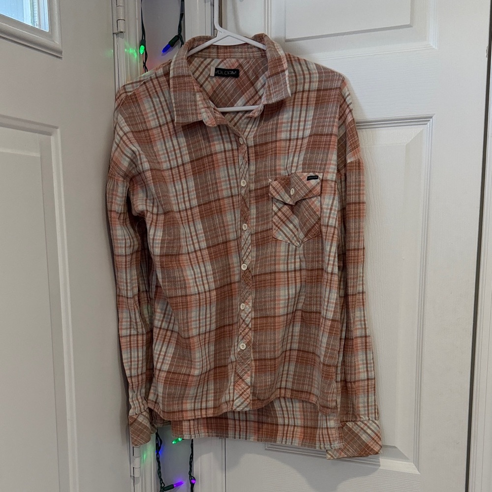 Volcom Pink and White Plaid Flannel Shirt